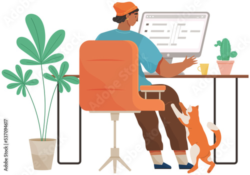 Man sending messages, surfing Internet at home. Guy sitting at workplace with his pet vector illustration. Freelancer with laptop spends time with cat. Programmer working with computer, coding