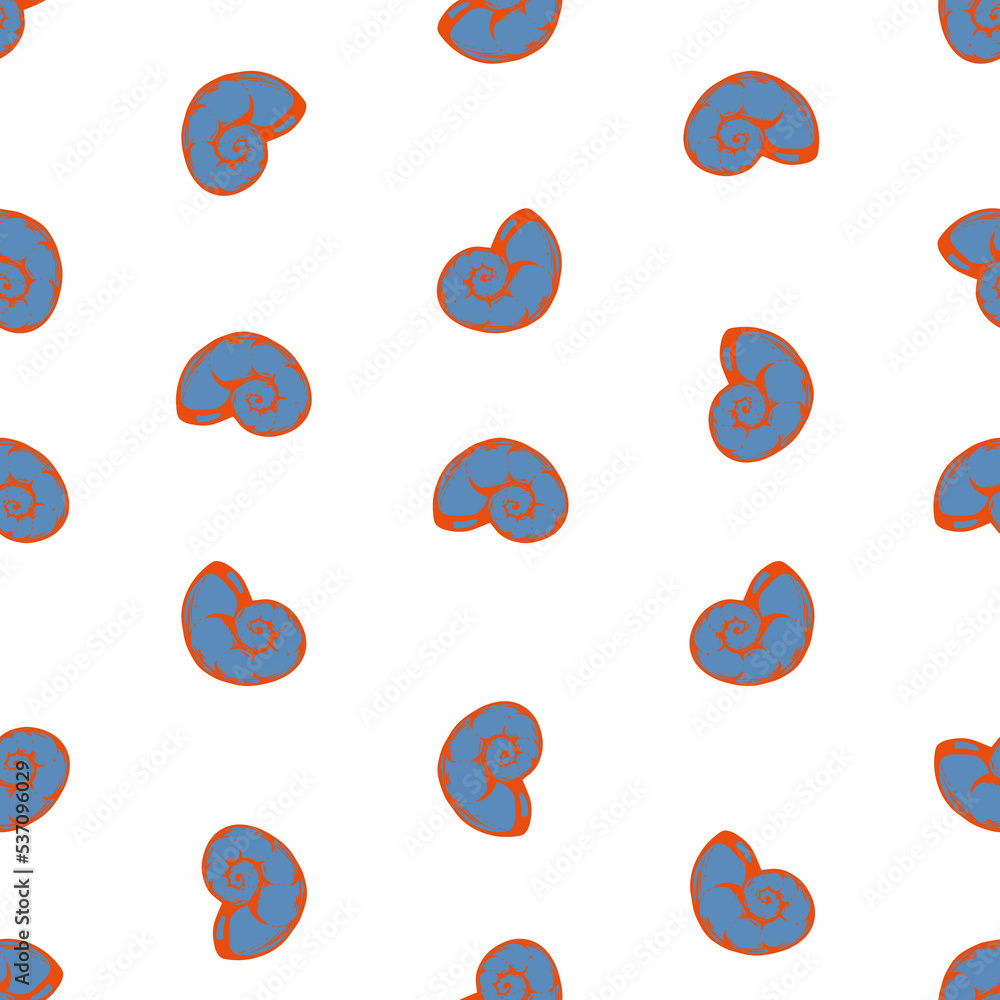 minimalistic vector pattern with hand-drawn sea shells. Spiral seashells in blue color with orange outline. minimalistic vector pattern with hand-drawn sea shells. Spiral seashells in blue color with orange outline.