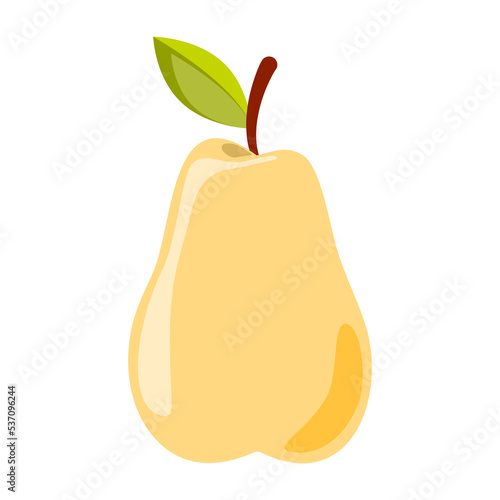 Yellow ripe pear with green leaf isolated on white background. Tasty, healthy organic fruit vector illustration. Clipart for decoration food presentation, scrapbooking, textile.