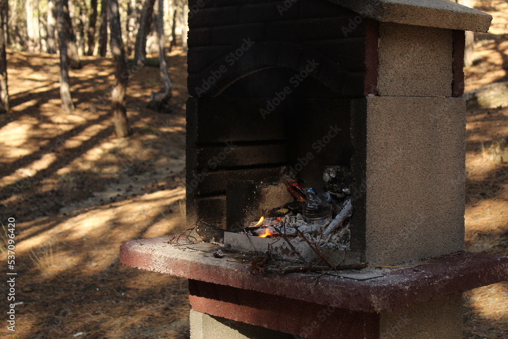 A man hand extinguished the fire in a grill with a bottle of water. Long exposure A man hand extinguished the fire in a grill with a bottle of water. Long exposure