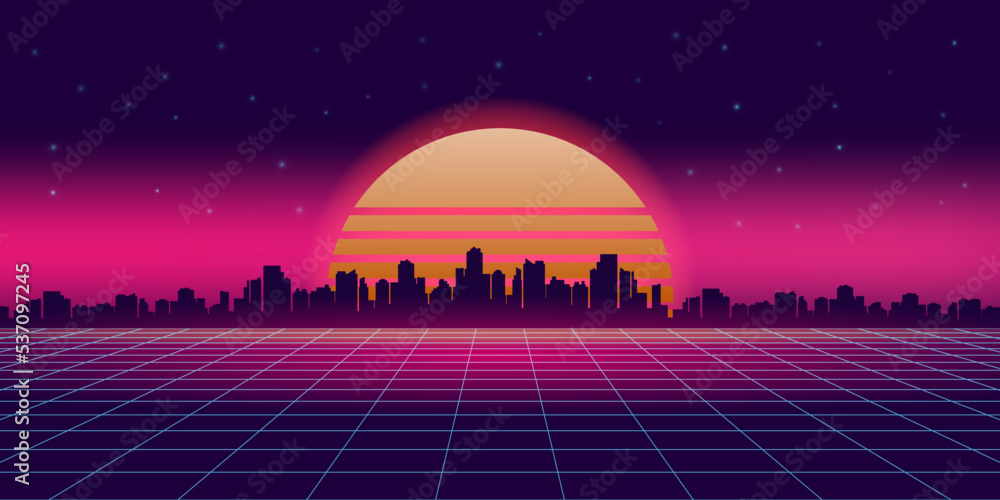 Retro futuristic synthwave retrowave styled night cityscape with sunset on background.
