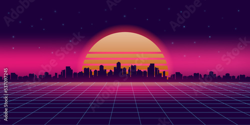 Retro futuristic synthwave retrowave styled night cityscape with sunset on background.