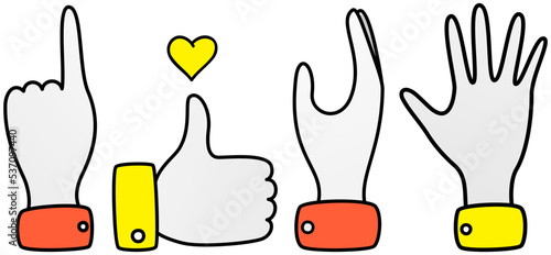 Gestures set symbol of direction indication, ok sign, greeting hand. Hand with pointing finger. Man showing gesture of pointing to something. Human palm gesturing well. Person makes choise and shows