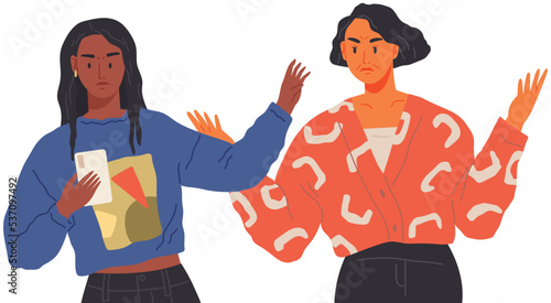 Angry women quarreling by smartphone. Online conversation. Violation of personal space. Girls shouting at each other fighting over phone. Mom fighting with teenage daughter, communication problem