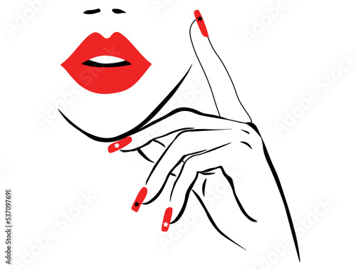 woman with red lips, hand with red manicure nails. Red lips, sexy woman's kiss with birthmark, flat style, vector illustration. Beauty logo.