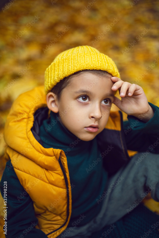 portrait of a fashionable serious child boy autumn sitting on a trail in orange leaves in the afternoon at a green fence on the street. portrait of a fashionable serious child boy autumn sitting on a trail in orange leaves in the afternoon at a green fence on the street.