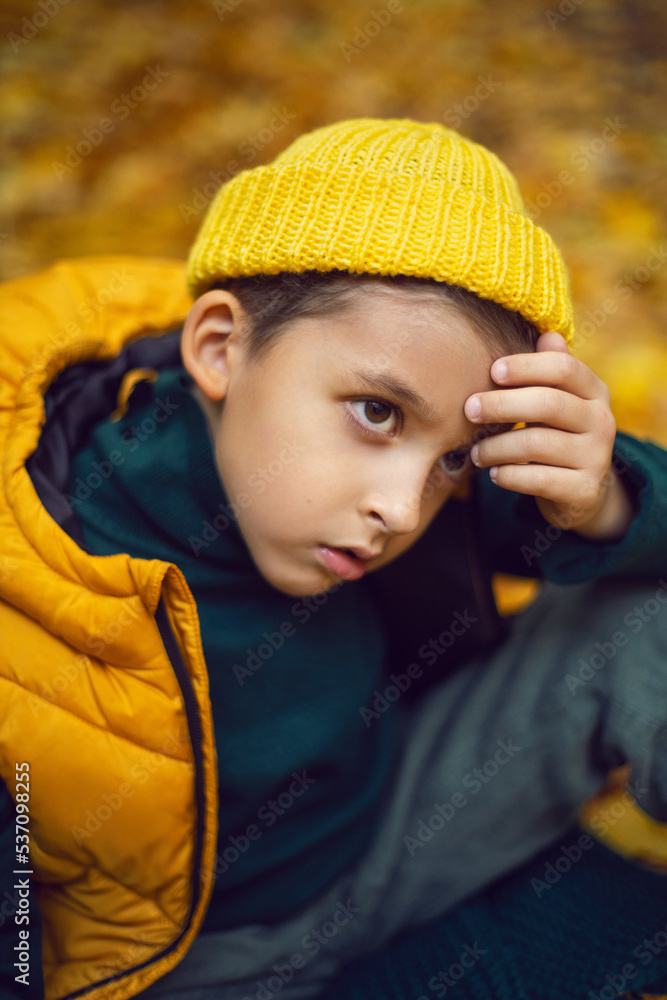 portrait of a fashionable serious child boy autumn sitting on a trail in orange leaves in the afternoon at a green fence on the street. portrait of a fashionable serious child boy autumn sitting on a trail in orange leaves in the afternoon at a green fence on the street.