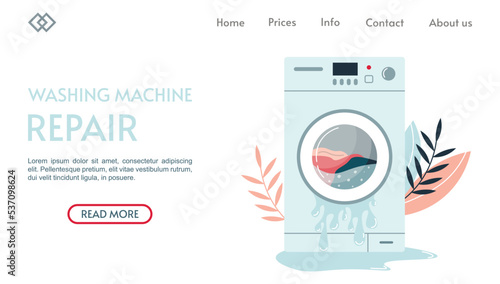 Repair of household appliances landing page. Washing machine on background of leaves. Broken washing machine with water on floor. Household appliances in need of repair. Flat vector illustration.