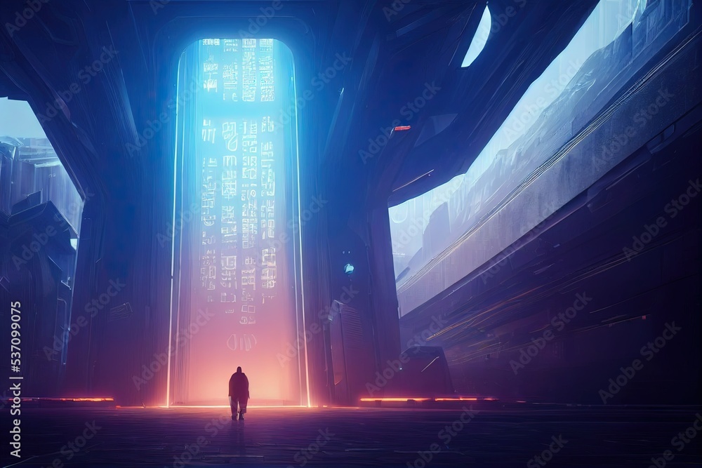 Futuristic giant city landscape with holographic display with writing ...