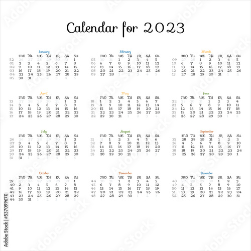 Calendar template for 2023. The week starts on Monday. It shows the day of the week. Vector. 