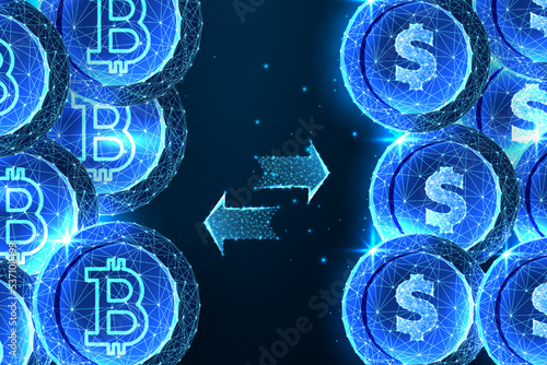 Concept of cryptocurrency exchange proccess with bitcoin and dollar coins on dark blue background photo