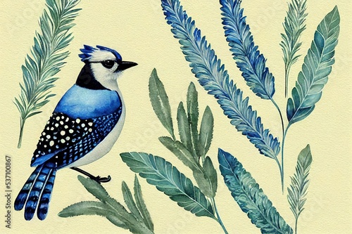 Blue jay bird with sage flowers. Watercolor illustration. Vintage hand drawn floral decor. Retro style blue bird with sage flowers photo