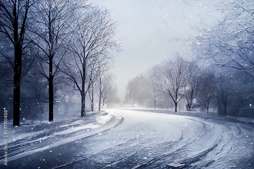 Road in winter with snow and delivery van from haulage company or parcel service (3d rendering)