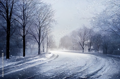 Road in winter with snow and delivery van from haulage company or parcel service (3d rendering) © 2rogan