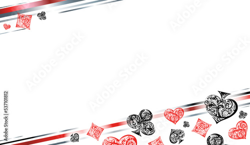 Horizontal background with vector playing card suit symbols made by floral elements. Luxury illustration in silver, red and white colors on white. For web banner template, gambling design element