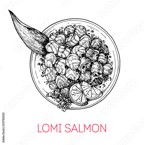 Lomi Salmon, Hawaiian food. Hand drawn vector illustration. Sketch style. Top view. Vintage vector illustration.