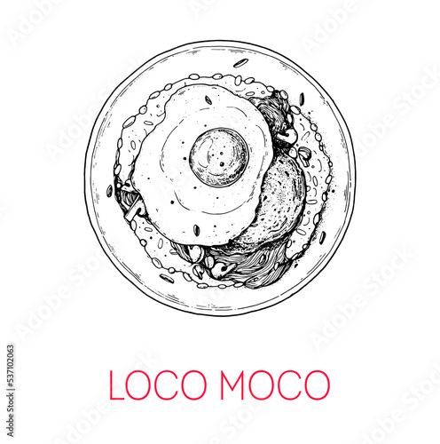 Loco Moco, Hawaiian food. Hand drawn vector illustration. Sketch style. Top view. Vintage vector illustration.