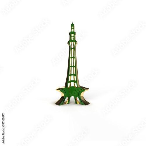 Minar e pakistan gold and green 3d rendering illustration.