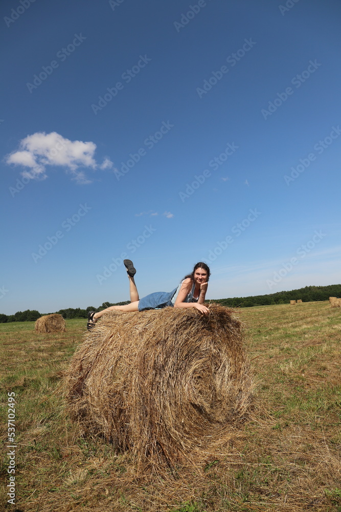 girl resting in a field on a haystack girl resting in a field on a haystack