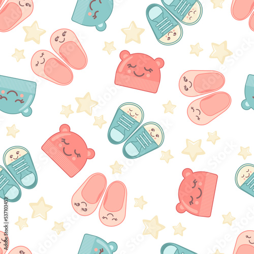 Cute baby shower seamless pattern with shoes and hats with kawaii faces isolated on white background.