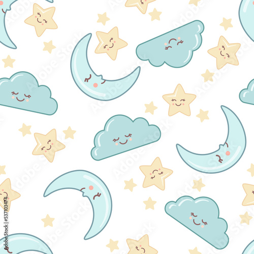 Cute seamless pattern of sky with kawaii faces isolated on white background.