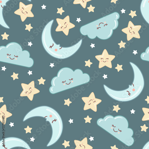 Cute seamless pattern of sky with kawaii faces.