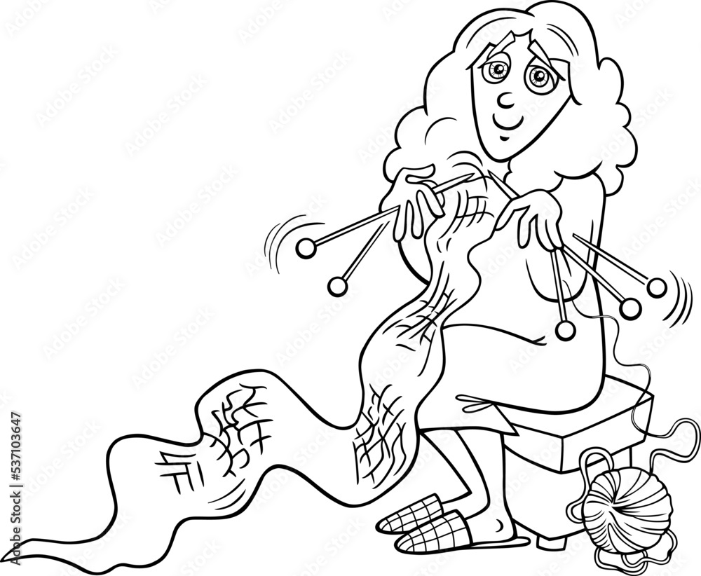 cartoon woman character knitting a scarf coloring page