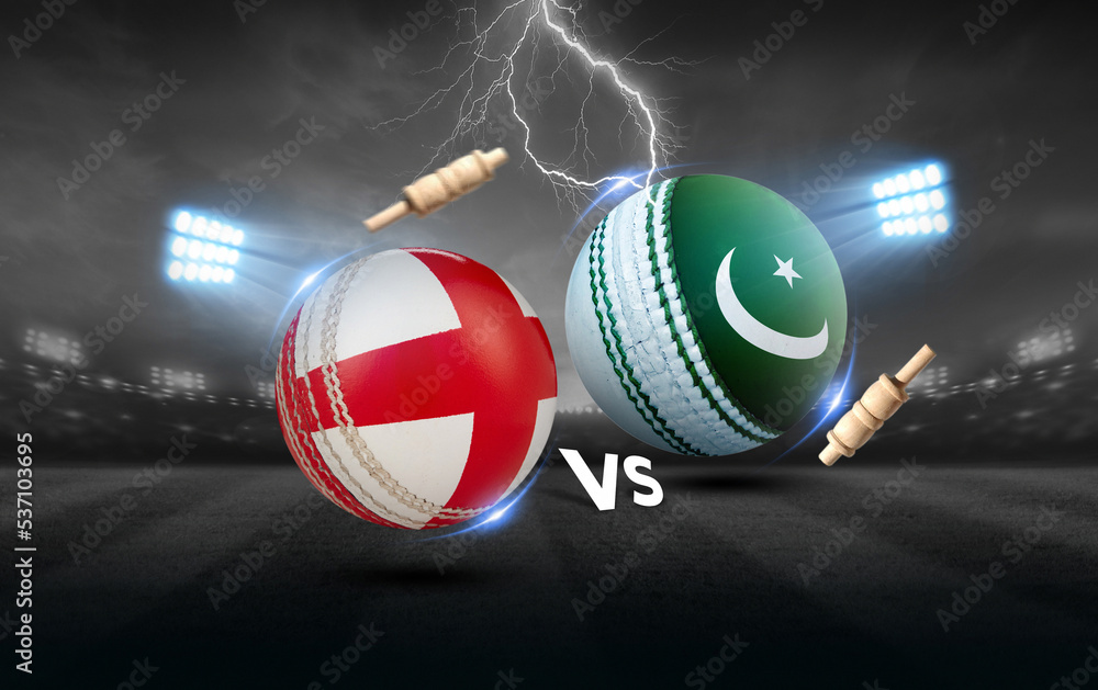 Pakistan vs England cricket balls with flag. 3D rendering illustration. - obrazy, fototapety, plakaty 