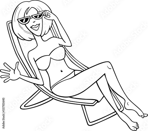 cartoon woman character on a beach chair coloring page