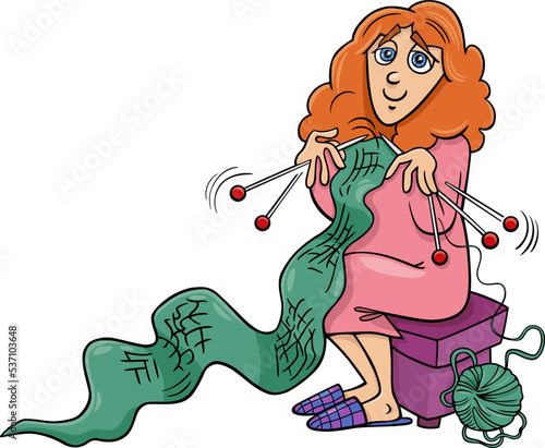 cartoon woman character knitting a scarf