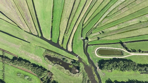 Loosdrecht recreational water river and meadow rural grass land green marsh in beautifull pattern small rivers and waters in nature. Dutch holland flat country side nature. Aerial drone. photo