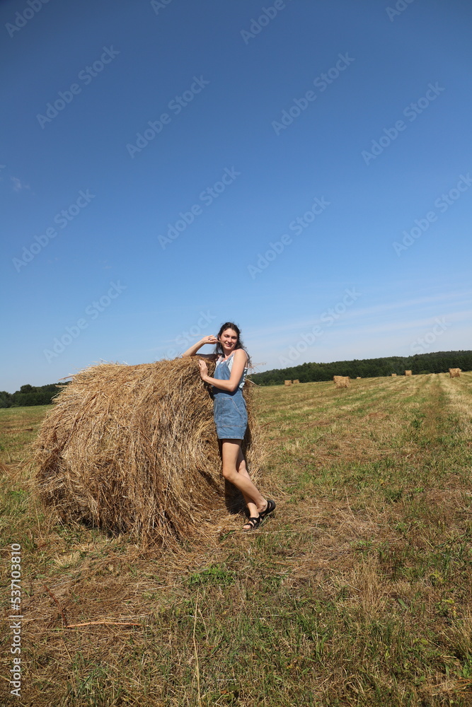 girl resting in a field on a haystack girl resting in a field on a haystack