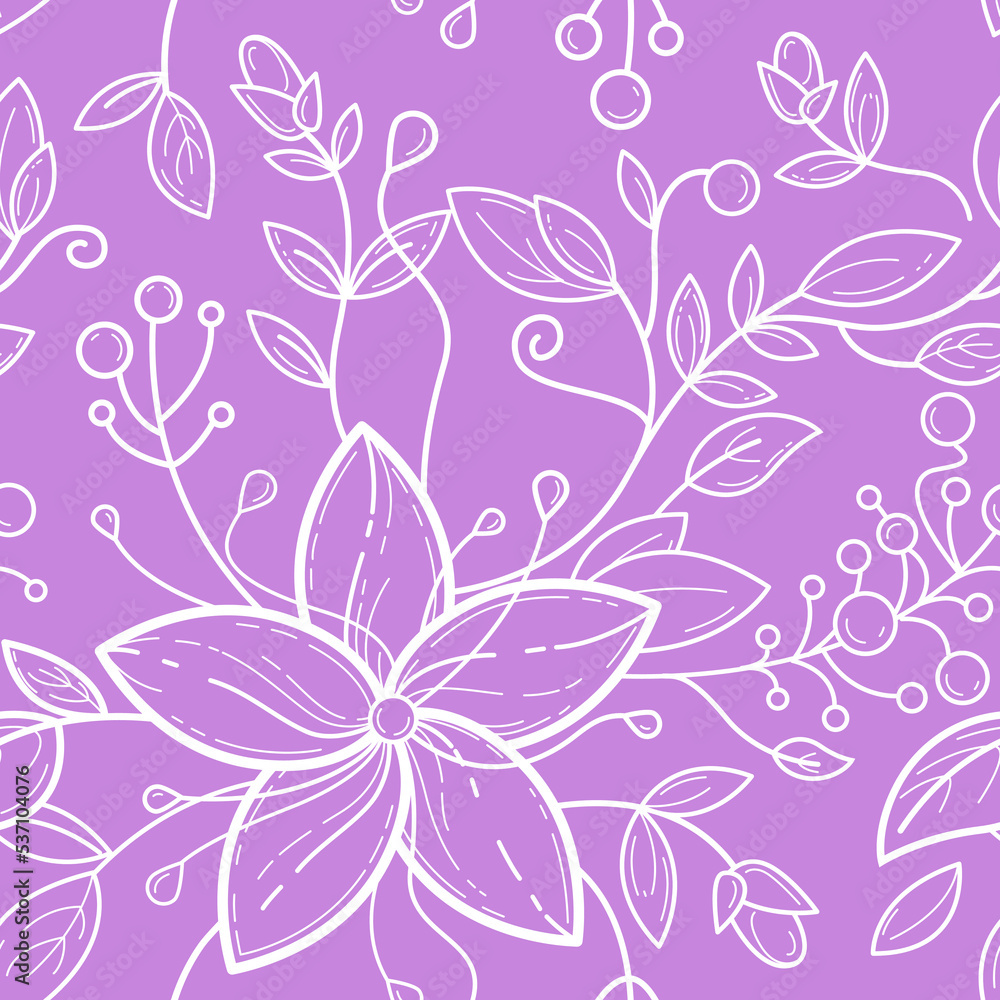 Cute seamless pattern with purple and white 5 petal flowers, leafs, burgeons, berries. Vector line art fornfashion, textile, greeting cards, gift wrapping paper, scrapbooking with floral tune. Cute seamless pattern with purple and white 5 petal flowers, leafs, burgeons, berries. Vector line art fornfashion, textile, greeting cards, gift wrapping paper, scrapbooking with floral tune.