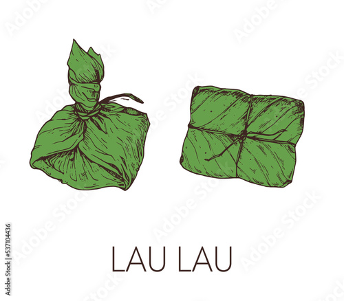 Lau Lau, Hawaiian food. Hand drawn vector illustration. Sketch style. Top view. Vintage vector illustration.