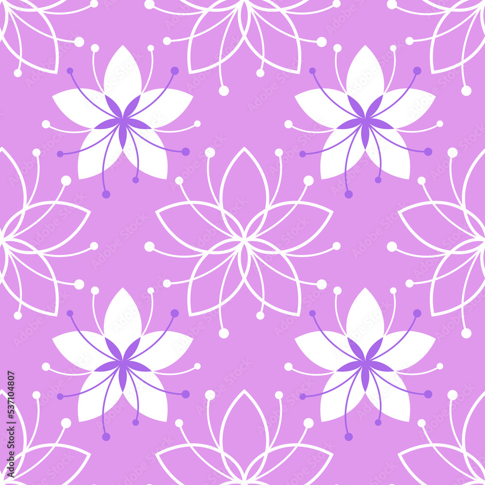 Lovely floral seamless pattern with simple flowers. Violet and white on purple background. Line illustration for wrapping paper, fabric, greeting card, fashion. Vector backdrop with nature tune Lovely floral seamless pattern with simple flowers. Violet and white on purple background. Line illustration for wrapping paper, fabric, greeting card, fashion. Vector backdrop with nature tune