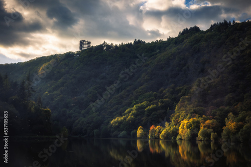 Famous Nature Landmark Saarschleife in Saarland, Germany in Europe in Autumn Fall on a warm clouy day photo