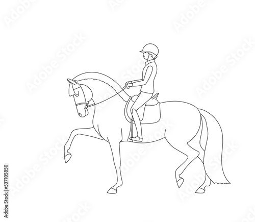 Rider and horse move forward at a beautiful trot, linear pattern for coloring