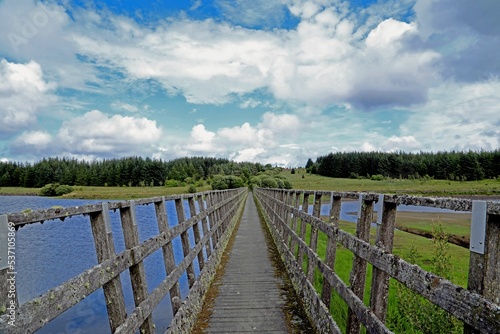 Foto Old wooden bridge over a river under a cloudy sky with a forest in the backgroun