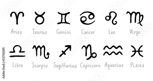 Zodiac, astrological signs symbols set. Vector hand drawn elements.
