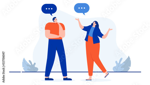 Dialogue man and woman - Two people talking and having conversation with speech bubbles. Flat design cartoon vector illustration with white background
