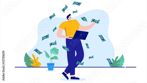 Developer salary - Man making lots of money standing with computer in hand doing digital work. Income and finances concept, flat design vector illustration with white background