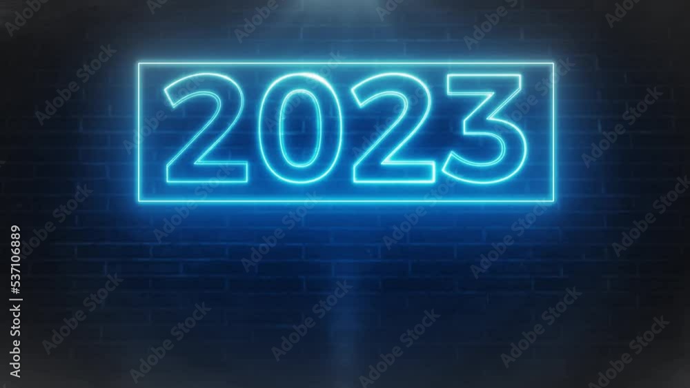 happy new year 2023 celebrations. neon lights. flashing neon. Wall in the background. Flying particles. 4K happy new year 2023 celebrations. neon lights. flashing neon. Wall in the background. Flying particles. 4K