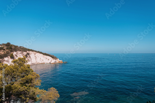 Amazing view of the blue clear sea with a rock and beach on the island of Elba in Italy. Rest and travel in Italy © alones