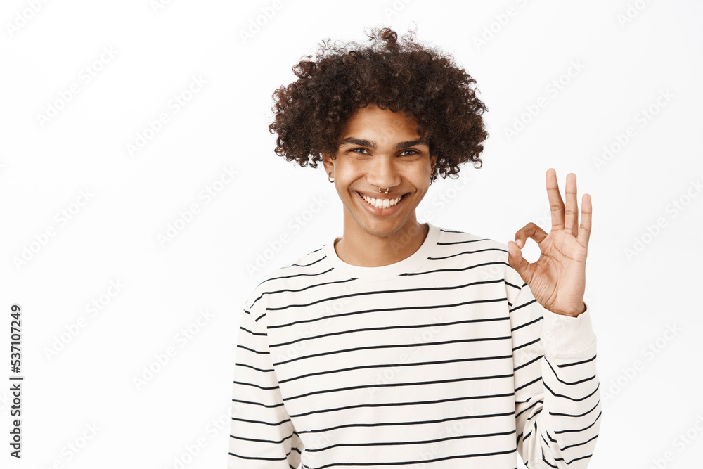 Close up portrait of smiling hispanic guy shows okay, ok sign, approves smth, recommends, stands over white studio background Close up portrait of smiling hispanic guy shows okay, ok sign, approves smth, recommends, stands over white studio background