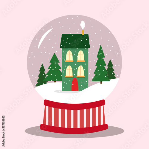 Vector snowball globe with green house inside and snowflakes