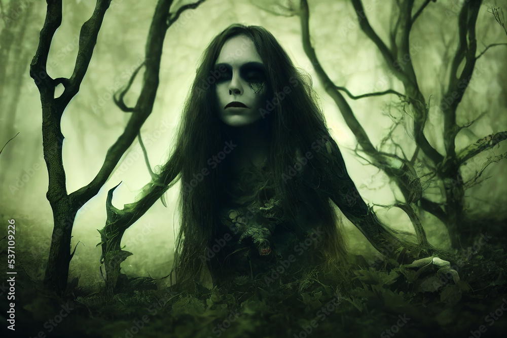 goth woman in black in cemetery at night Halloween goth woman in black in cemetery at night Halloween