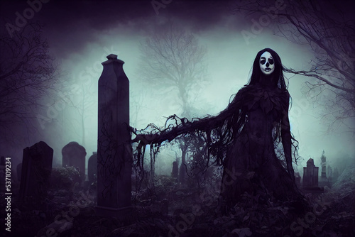 goth woman in black in cemetery at night Halloween