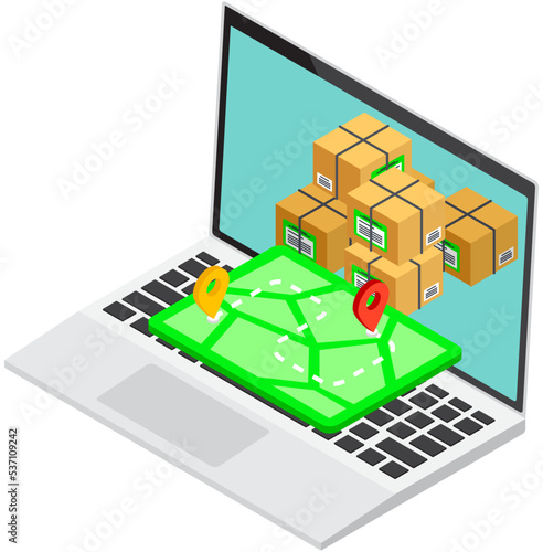 Online trading marketplace, buy goods with website. Buyers, delivery and tracking, salers and support center. Web site on topic of online sales and shopping. Cardboard boxes in laptop, map with points