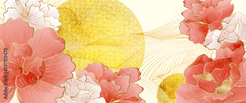 Luxury Asian background with abstract flower pattern in Japanese or Chinese style. Botanical banner for decoration design, wallpaper, print, textile, fabric, packaging, invitations, interior design