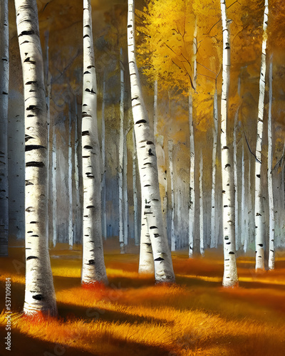 A 3d digital rendering of an autumn scene with birch trees in a forest.